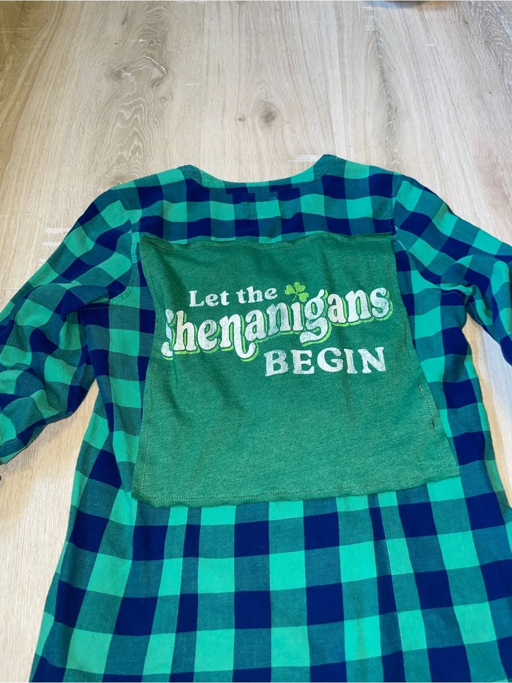 Upcycled Old Navy Fitted Plaid 'Let the Shenanigans Begin' Top Small